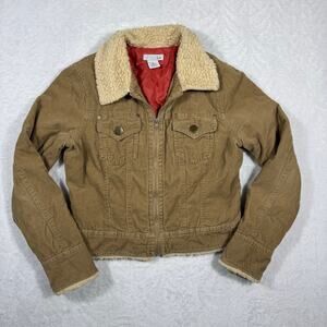LUII Brown‎ Corduroy Jacket Women's L Sherpa Lined Trim Y2K Zip Up Chest Pockets